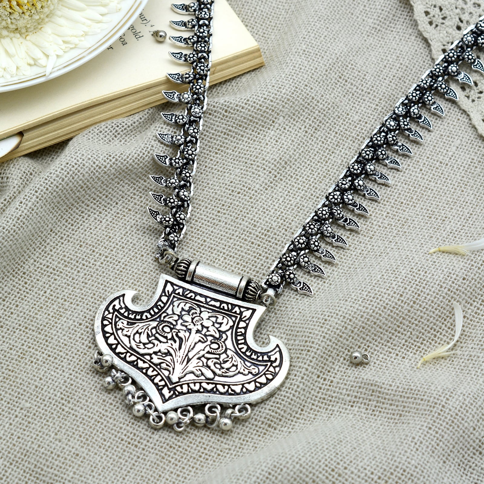 Mayra Silver Oxidized Long Necklace - Teejh