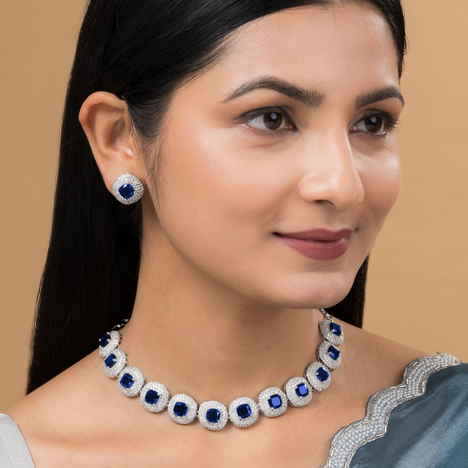 Teejh Celeste Silver Blue Stone Necklace Set