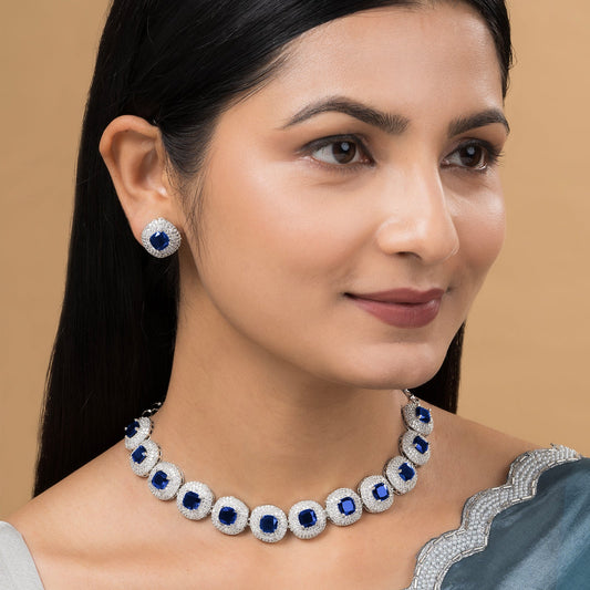 Teejh Celeste Silver Blue Stone Necklace Set