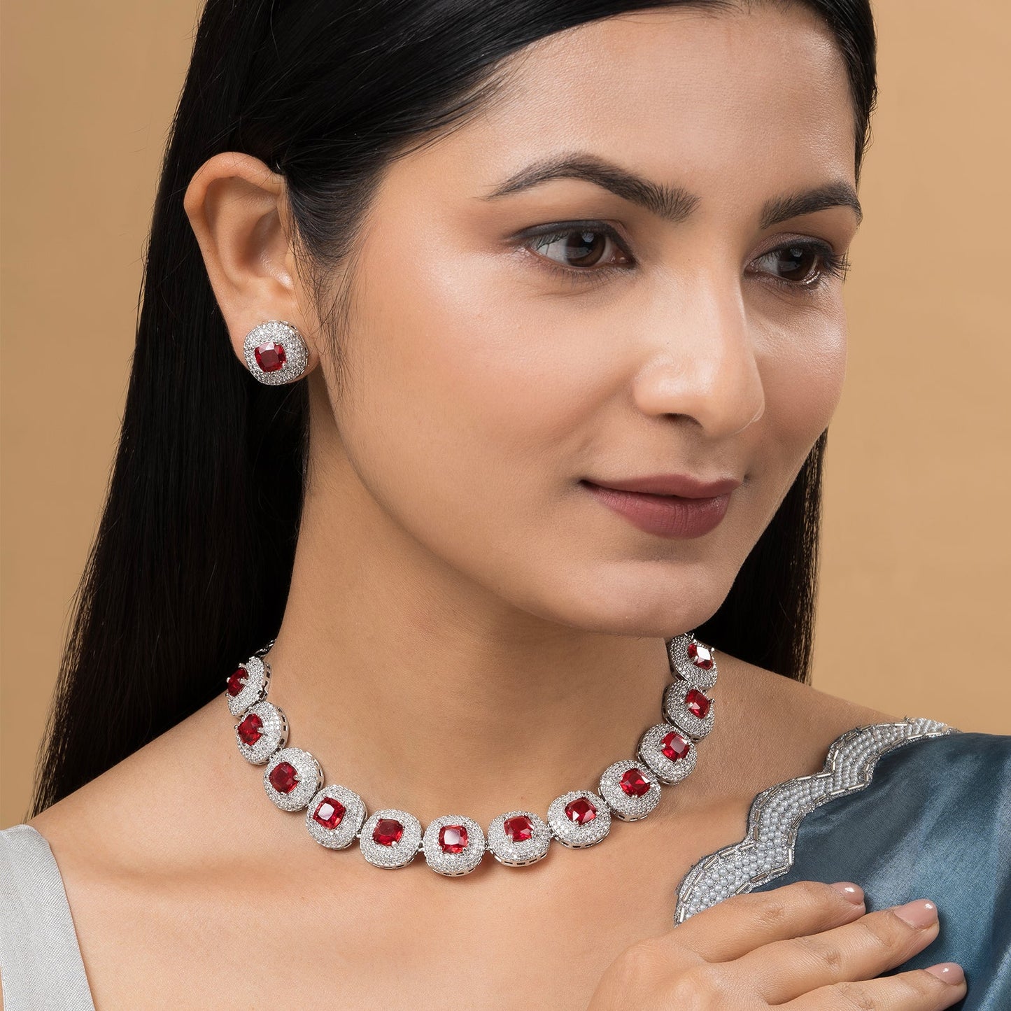 Teejh Celeste Silver Red Stone Necklace Set