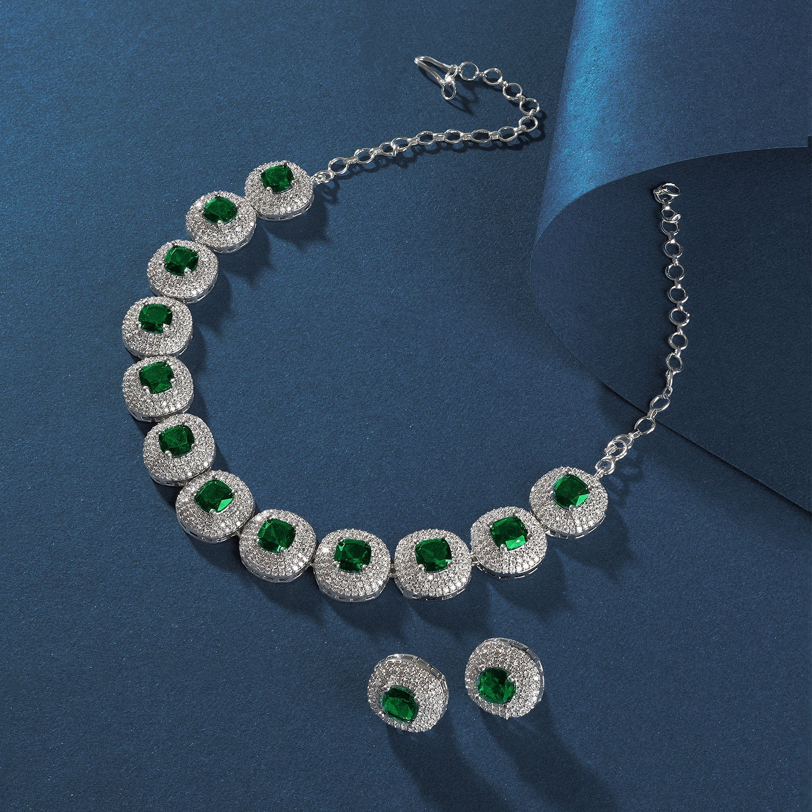Teejh Celeste Silver Green Stone Necklace Set