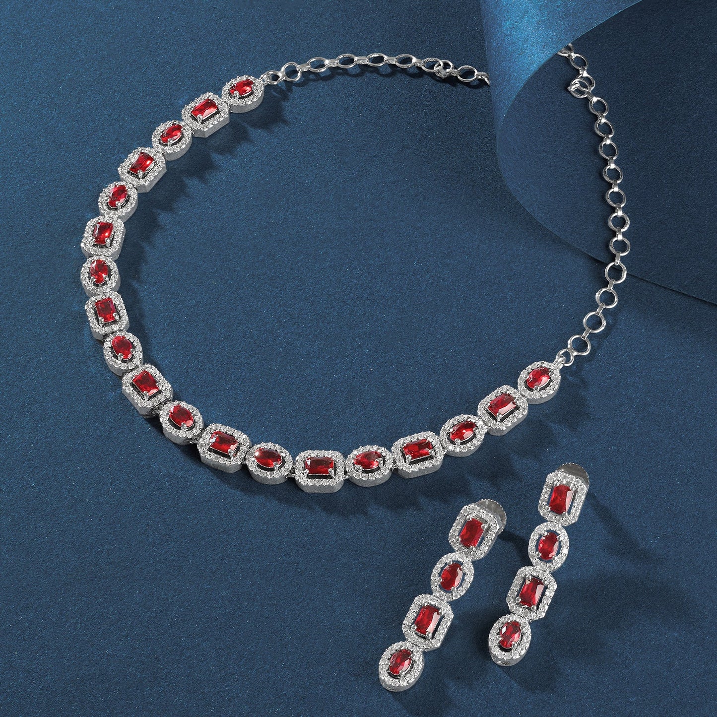 Teejh Elysia Silver and Red CZ stone Necklace set