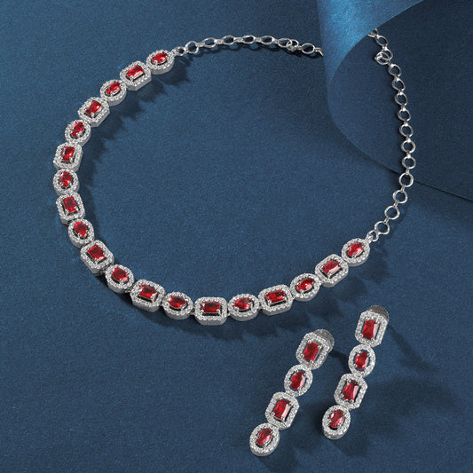 Teejh Elysia Silver and Red CZ stone Necklace set
