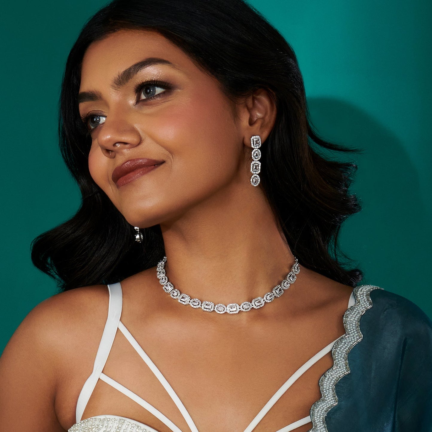 Teejh Elysia Silver and White stone Necklace set