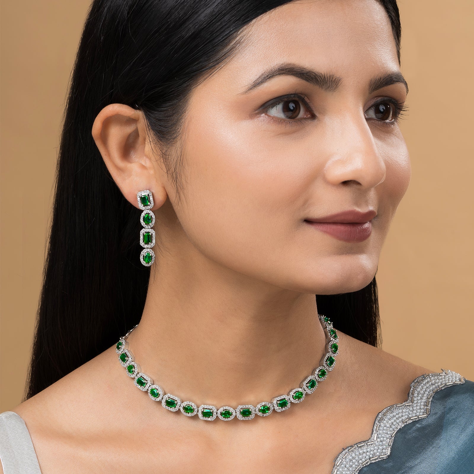 Teejh Elysia Silver and Green stone Necklace set