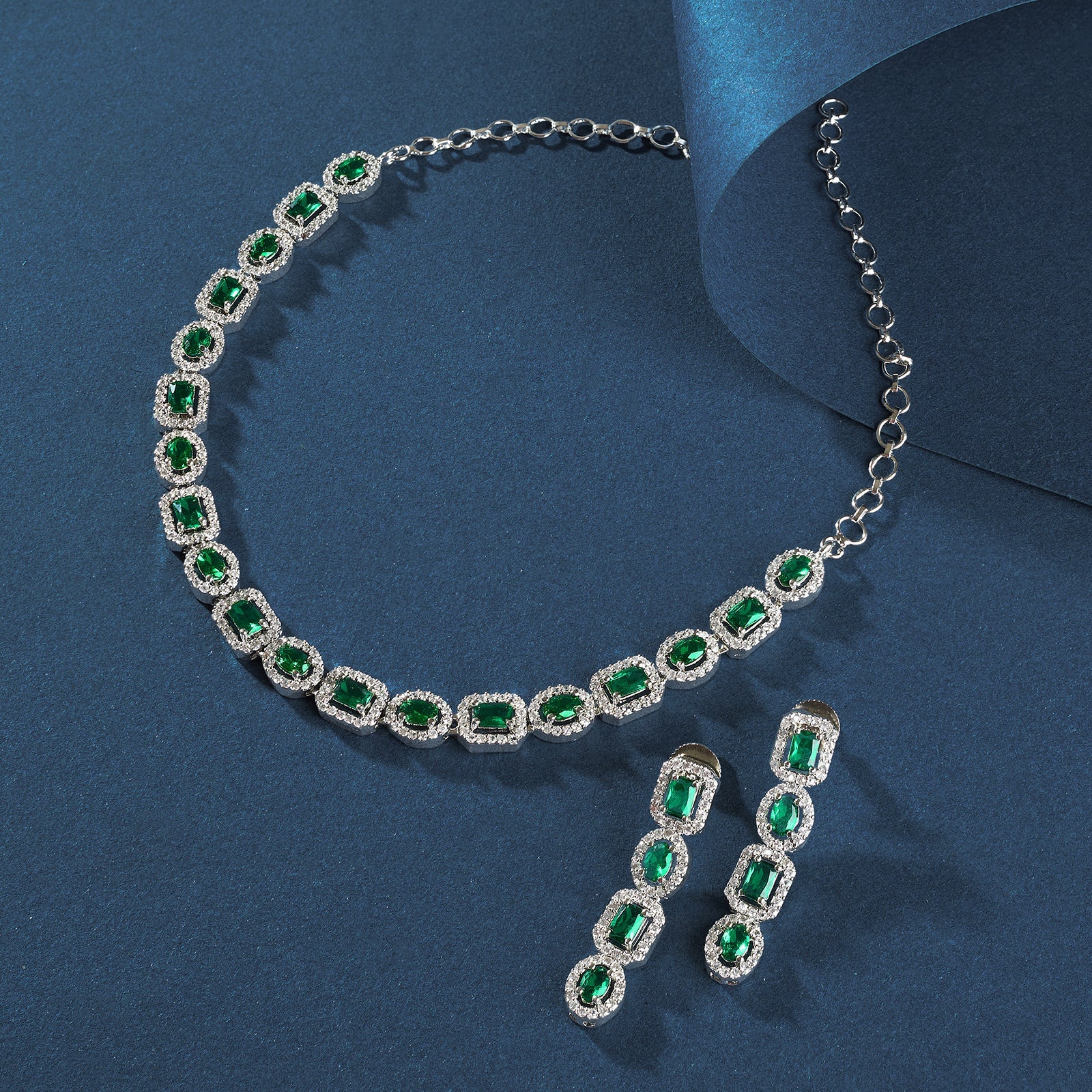Teejh Elysia Silver and Green stone Necklace set