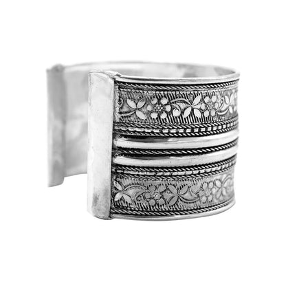 Raksha Floral Embossed Silver Oxidized Bracelet Cuff - Teejh