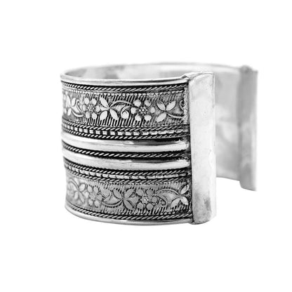 Raksha Floral Embossed Silver Oxidized Bracelet Cuff - Teejh