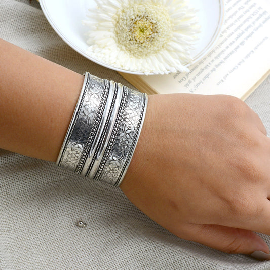 Raksha Floral Embossed Silver Oxidized Bracelet Cuff - Teejh