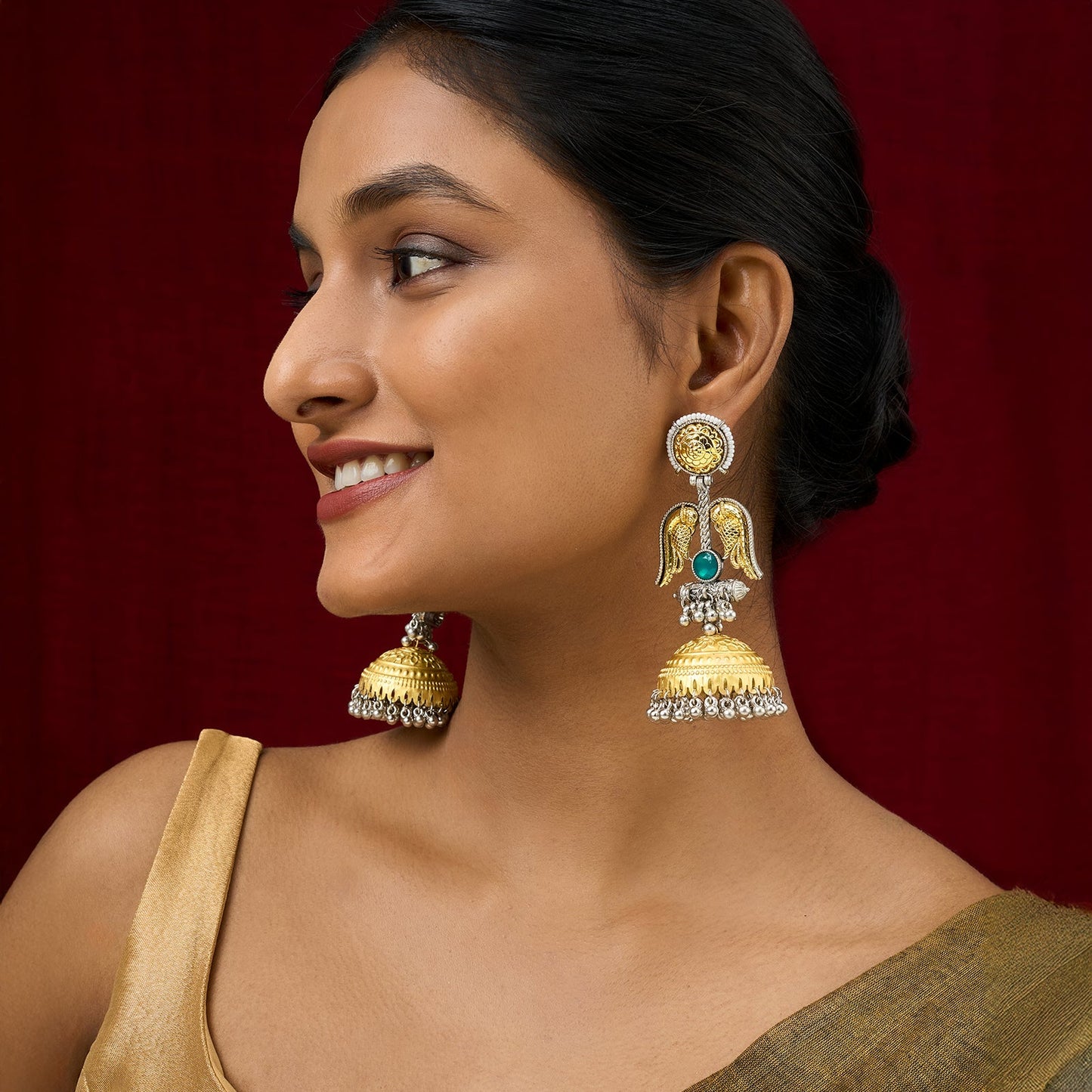 Teejh Sohi Green Stone Dual Tone Jhumkas
