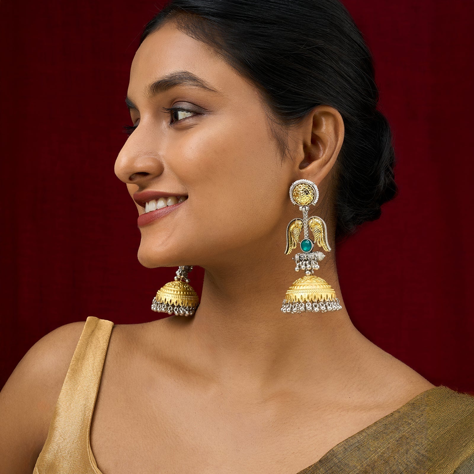 Teejh Sohi Green Stone Dual Tone Jhumkas