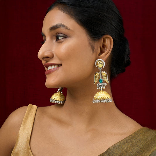 Teejh Sohi Green Stone Dual Tone Jhumkas