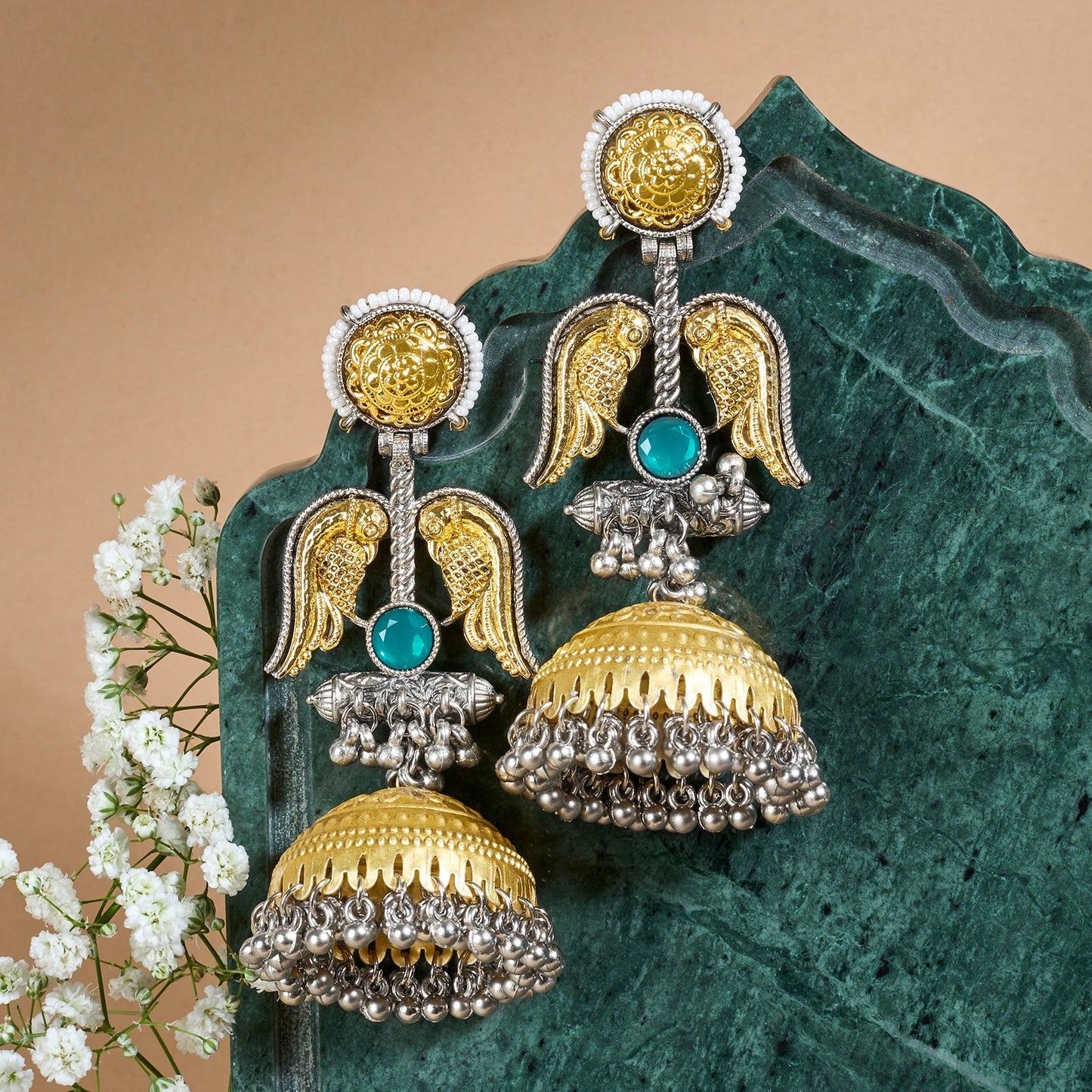 Teejh Sohi Green Stone Dual Tone Jhumkas