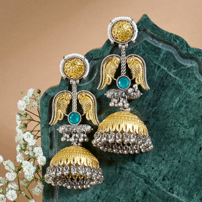 Teejh Sohi Green Stone Dual Tone Jhumkas