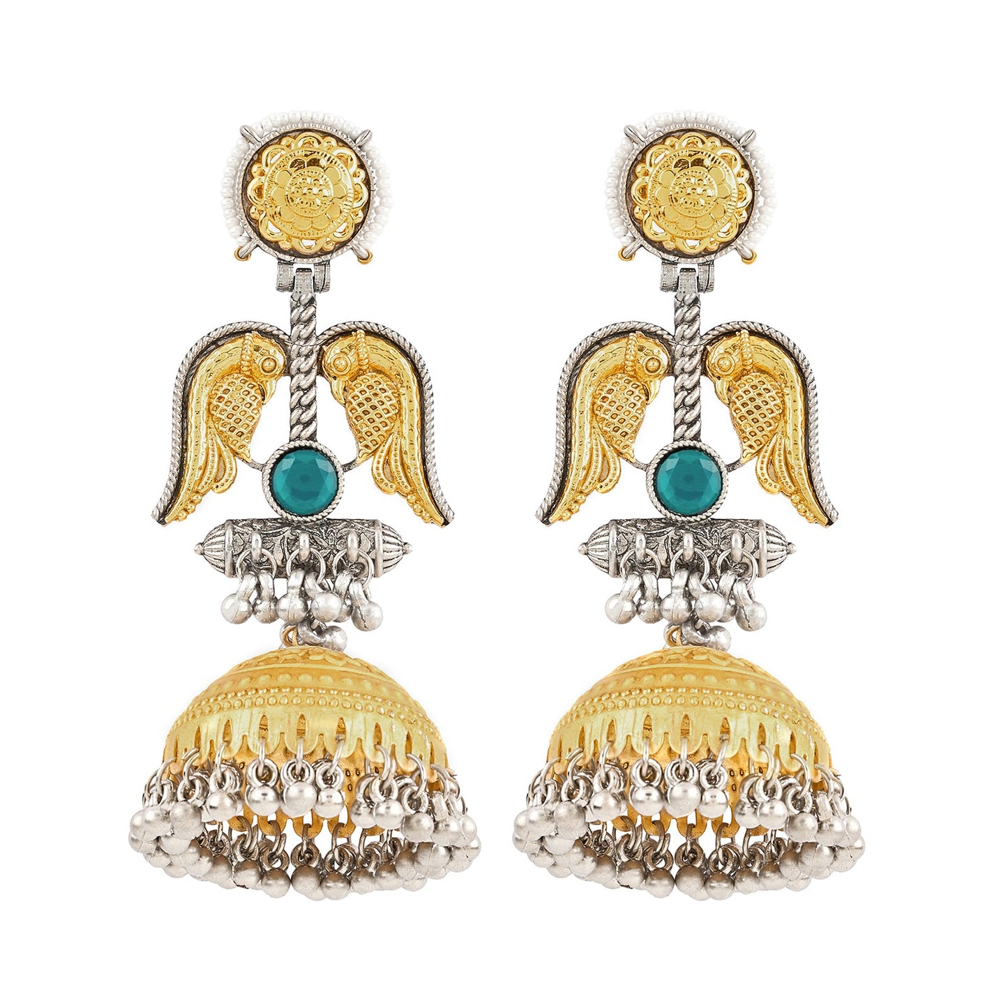 Teejh Sohi Green Stone Dual Tone Jhumkas
