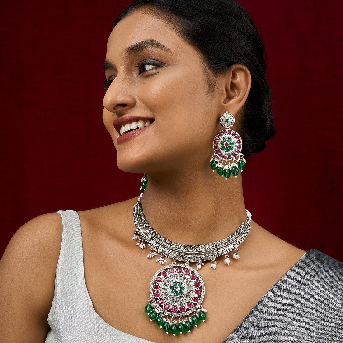 Teejh Aarzaa Silver Ghungroo Necklace Set