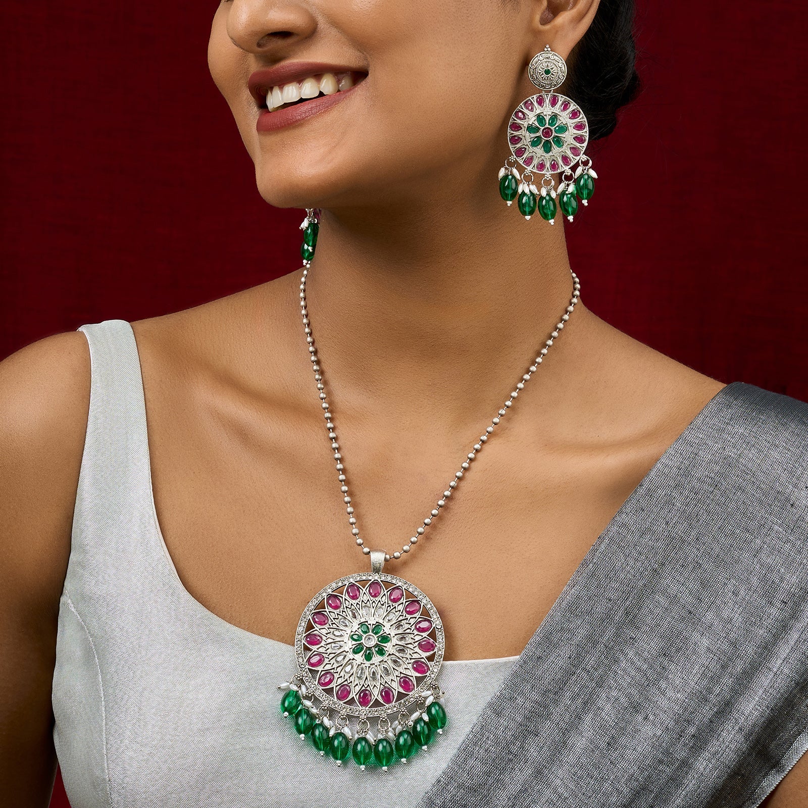 Teejh Rupika Beaded Silver Necklace Set