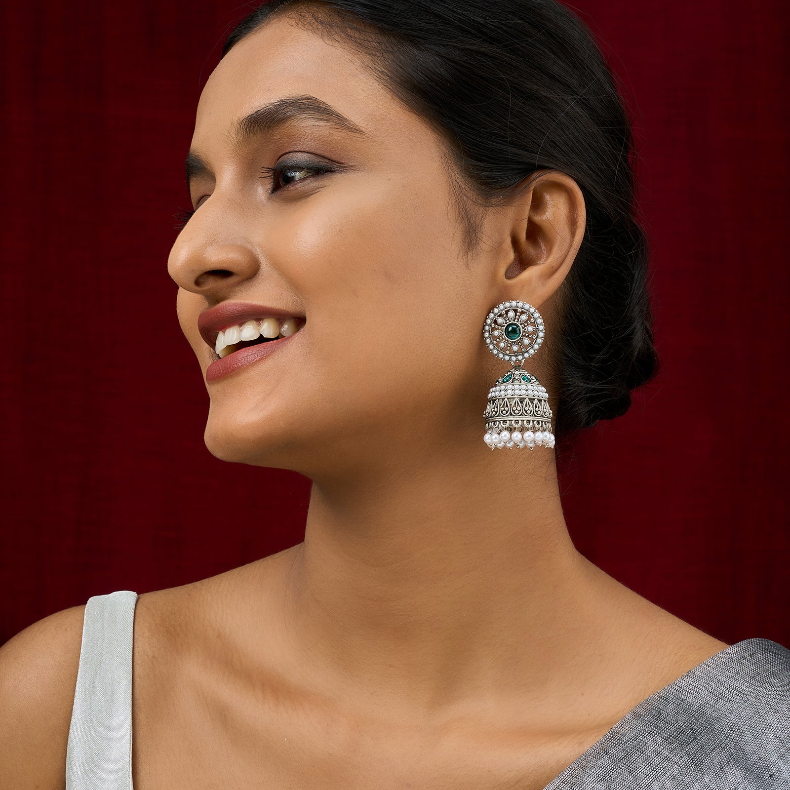 Teejh Hiran Silver Green Jhumka