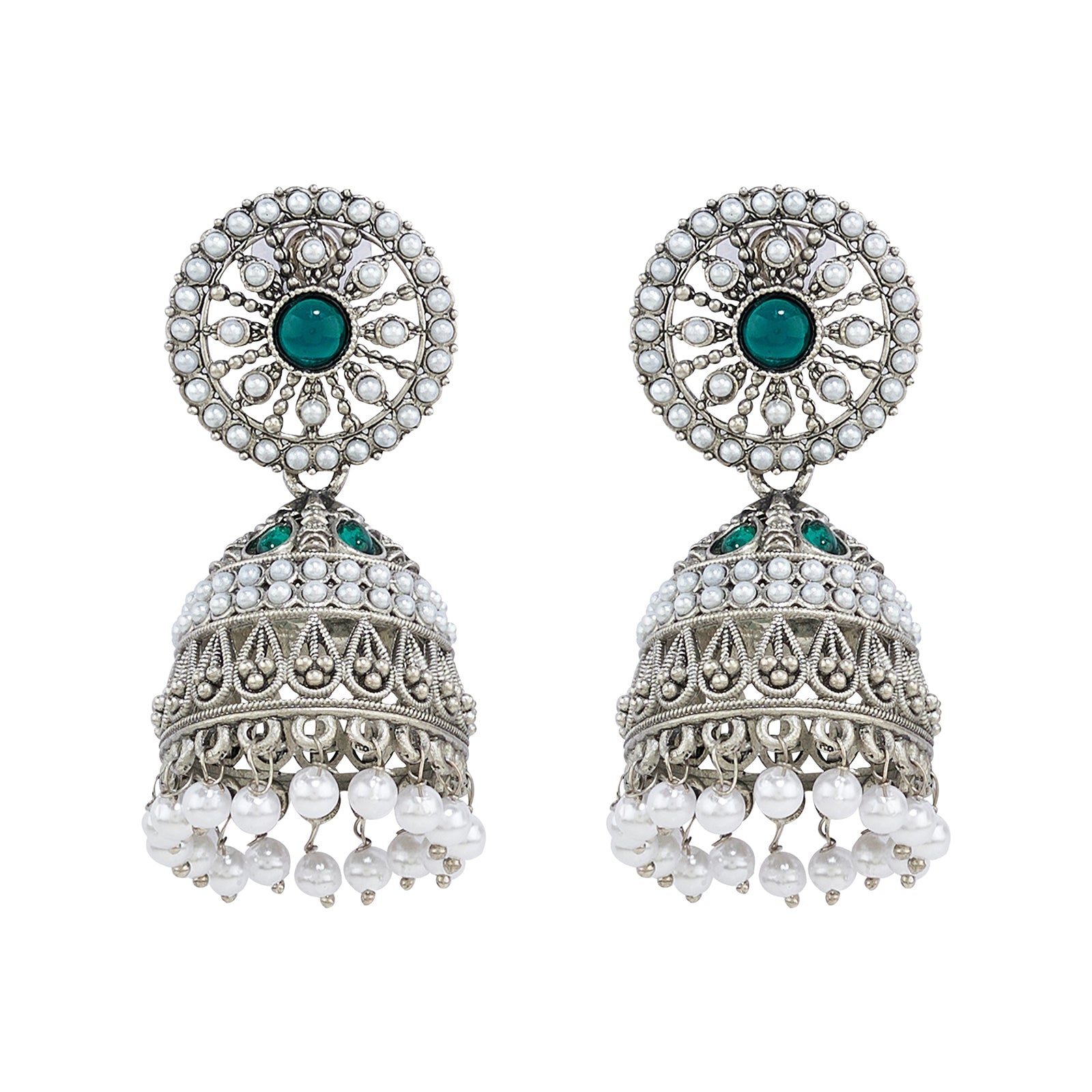 Teejh Hiran Silver Green Jhumka
