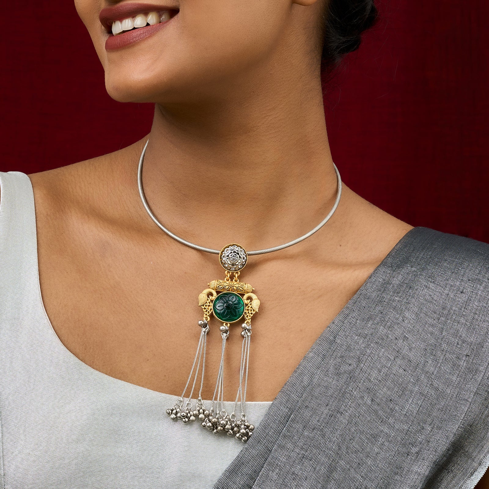 Teejh Tari Dual Tone Green Stone Necklace