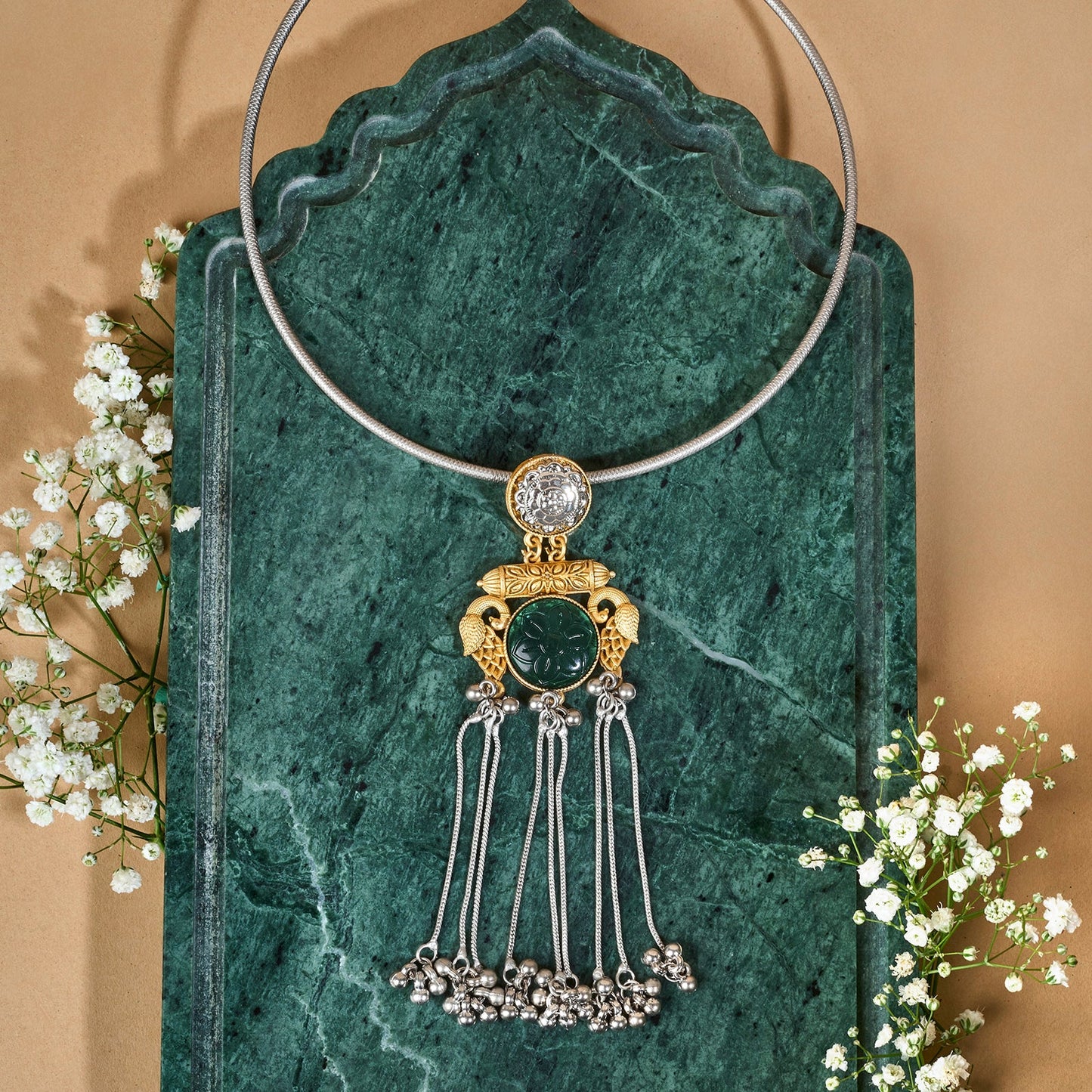 Teejh Tari Dual Tone Green Stone Necklace