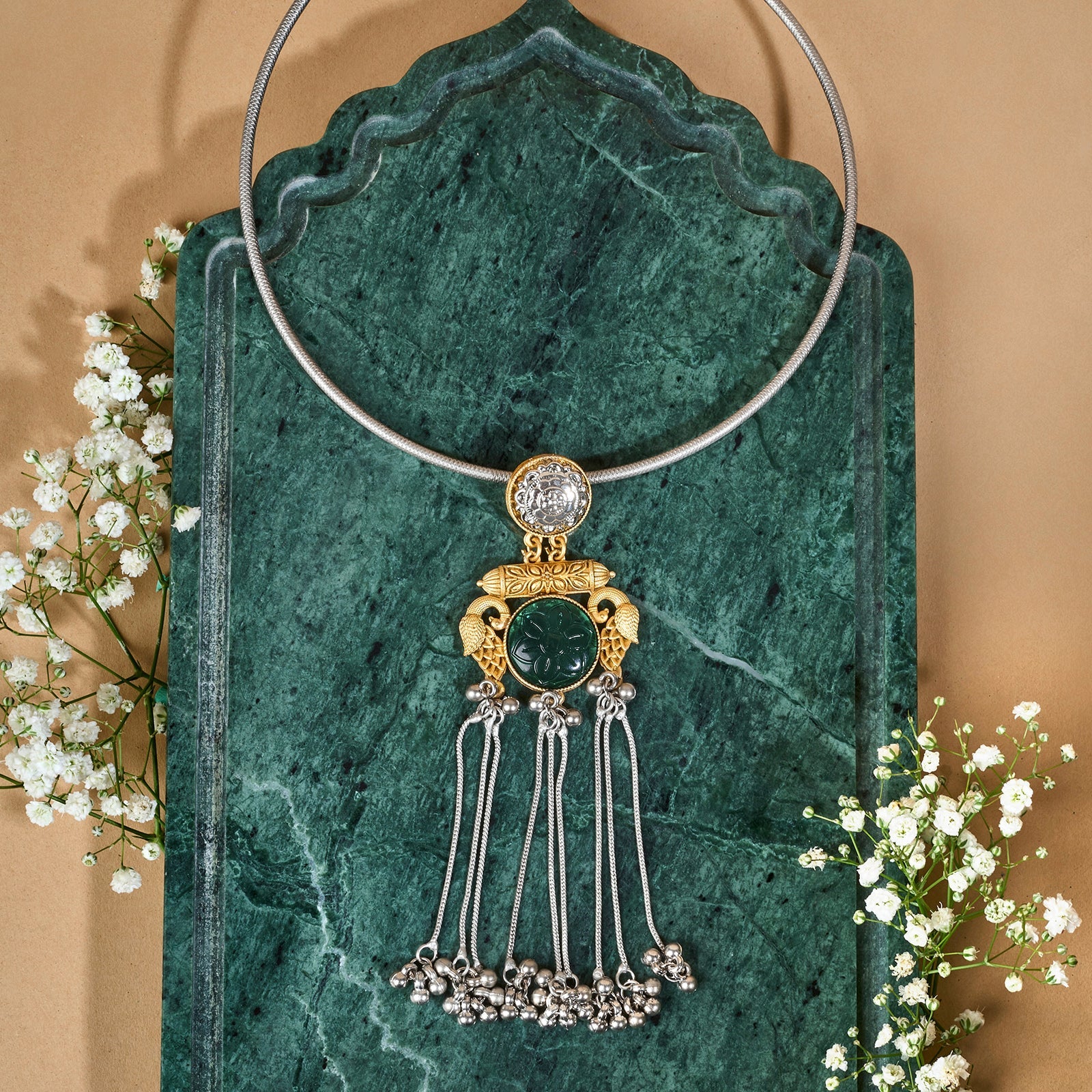 Teejh Tari Dual Tone Green Stone Necklace
