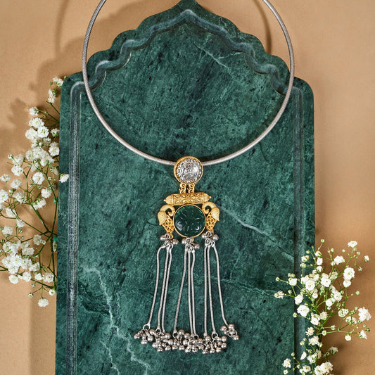 Teejh Tari Dual Tone Green Stone Necklace