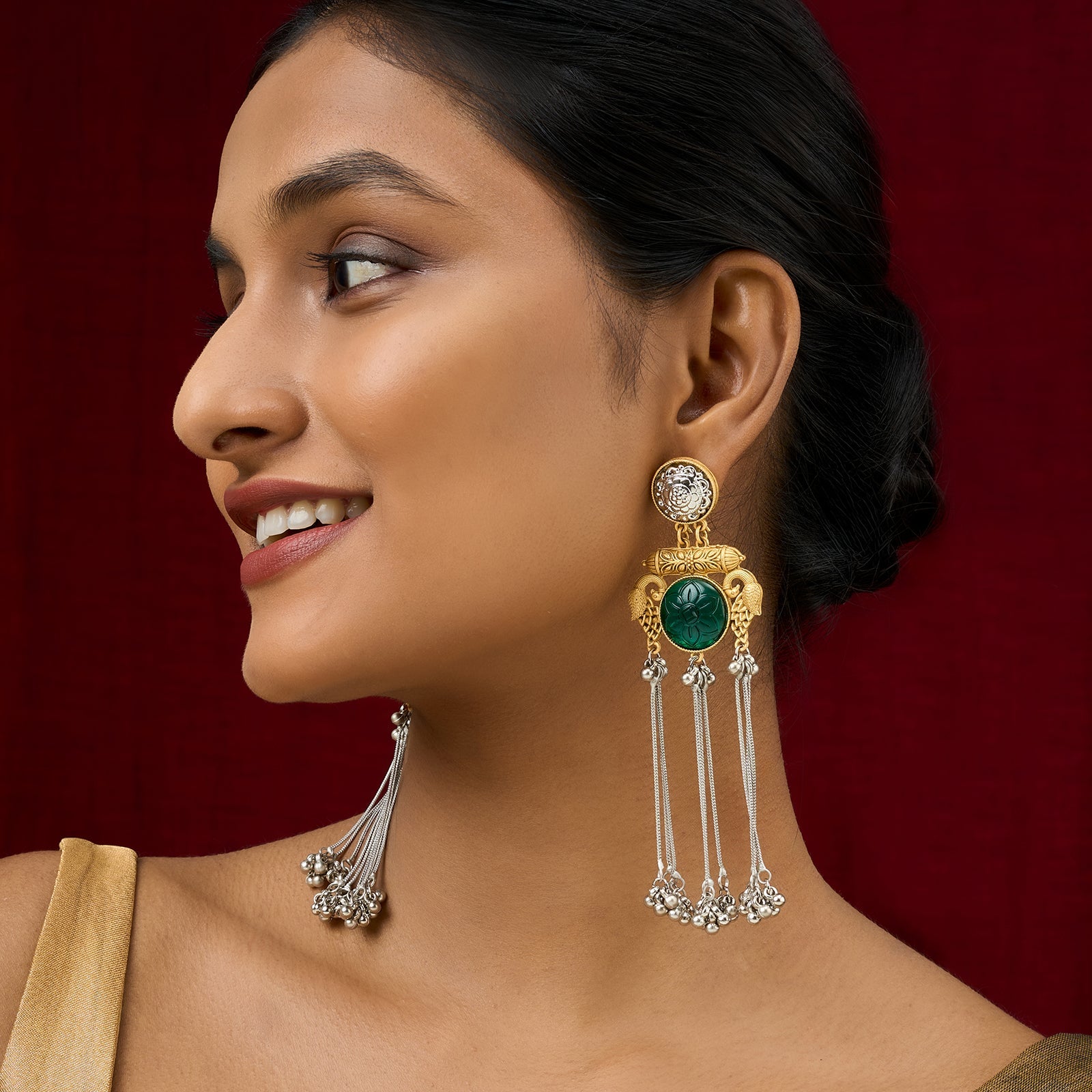 Teejh Tari Dual Tone Green Stone Danglers