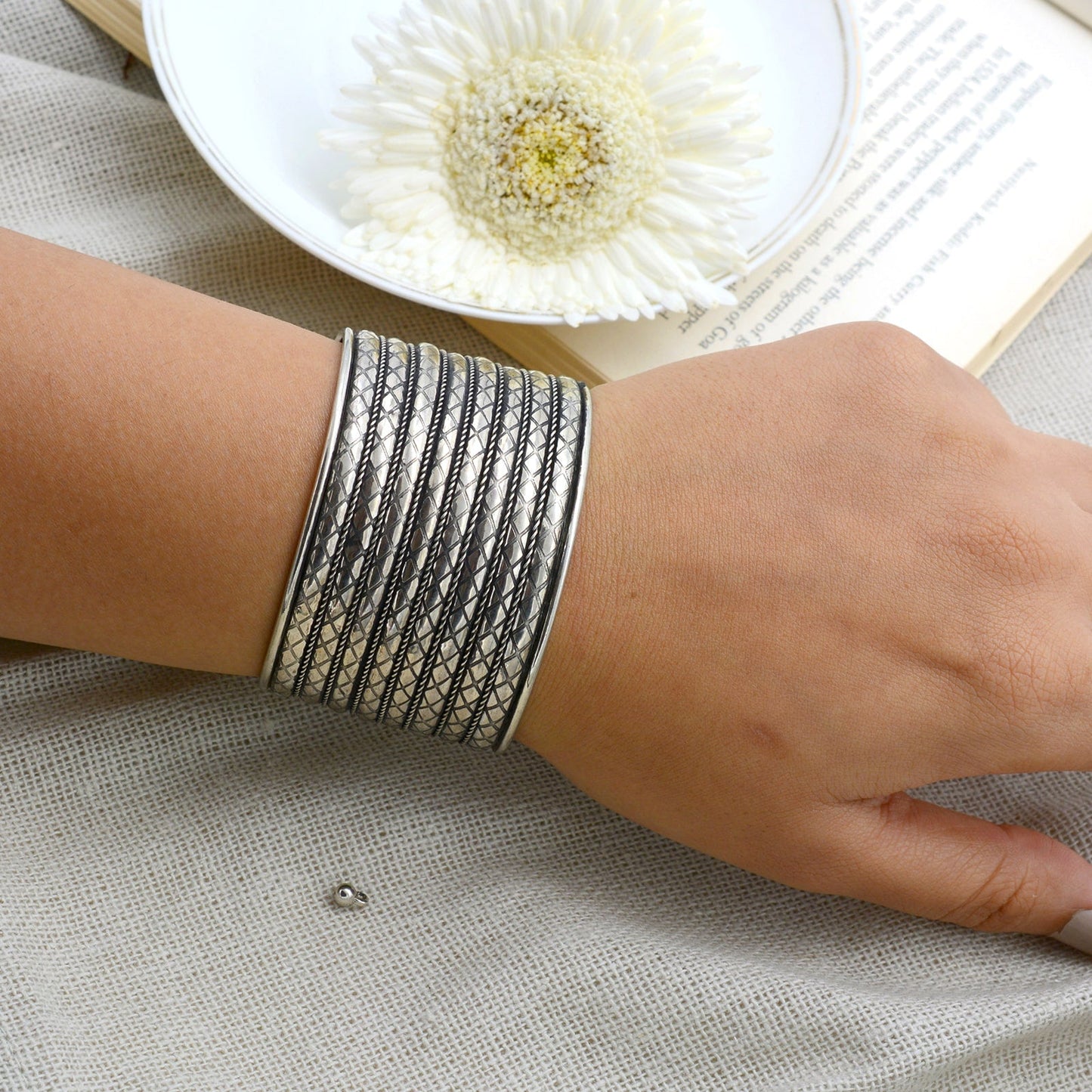 Zia Embossed Silver Oxidized Bracelet Cuff - Teejh