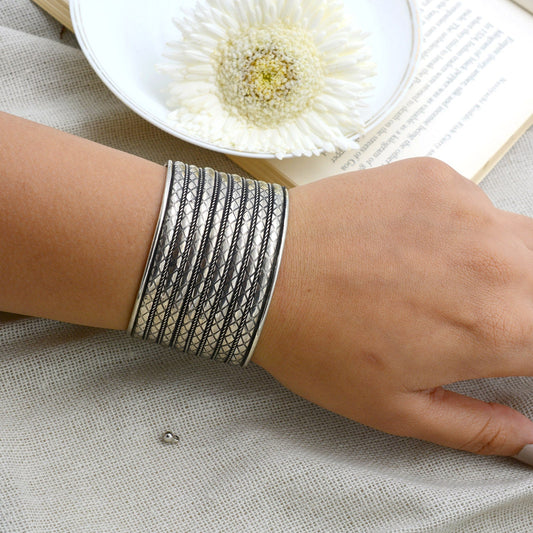 Zia Embossed Silver Oxidized Bracelet Cuff - Teejh
