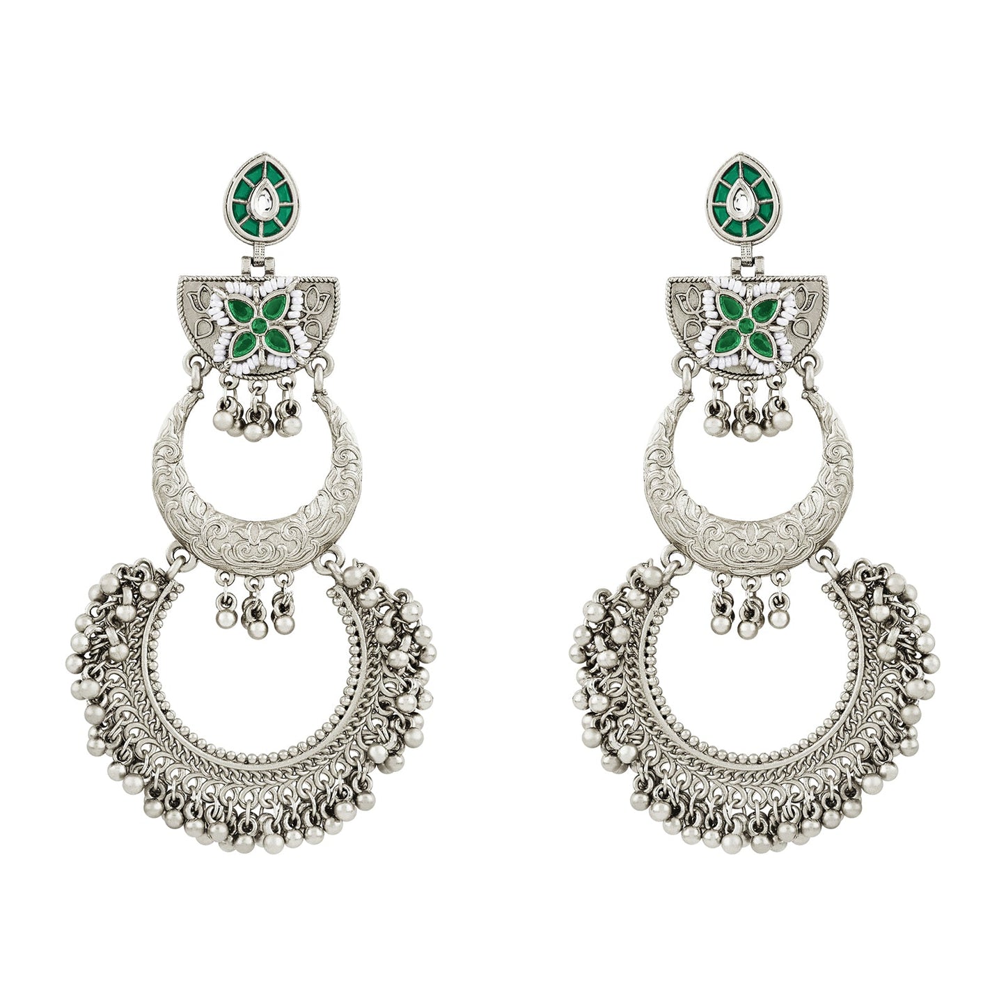 Teejh Aarzaa Silver Ghungroo Green Stone Chandbali