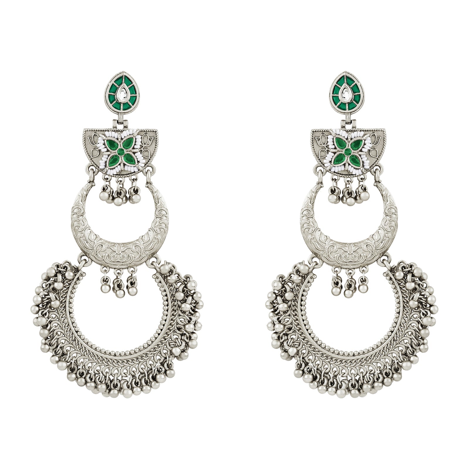 Teejh Aarzaa Silver Ghungroo Green Stone Chandbali