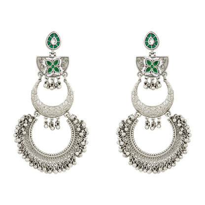 Teejh Aarzaa Silver Ghungroo Green Stone Chandbali