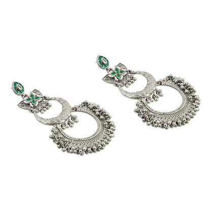 Teejh Aarzaa Silver Ghungroo Green Stone Chandbali