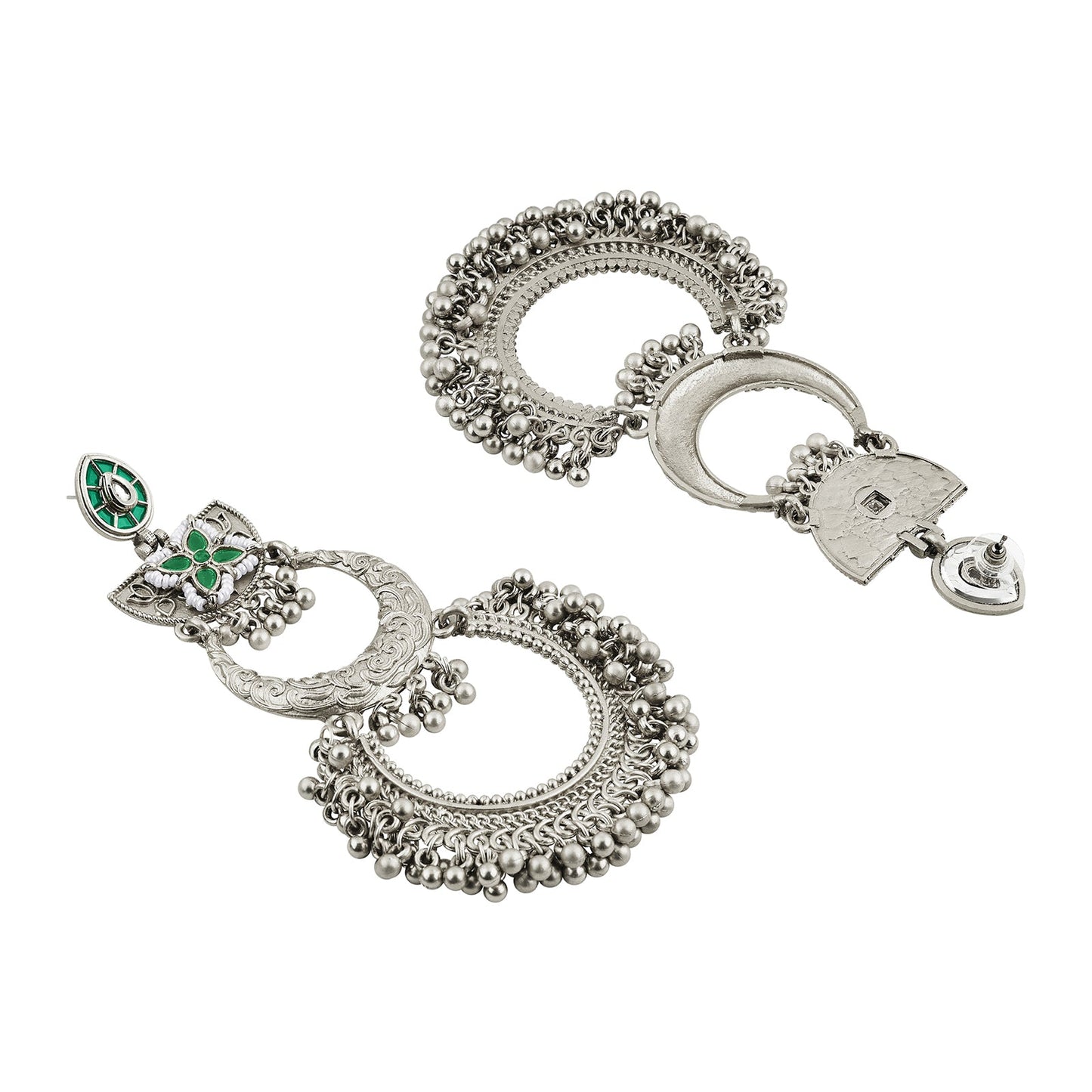 Teejh Aarzaa Silver Ghungroo Green Stone Chandbali