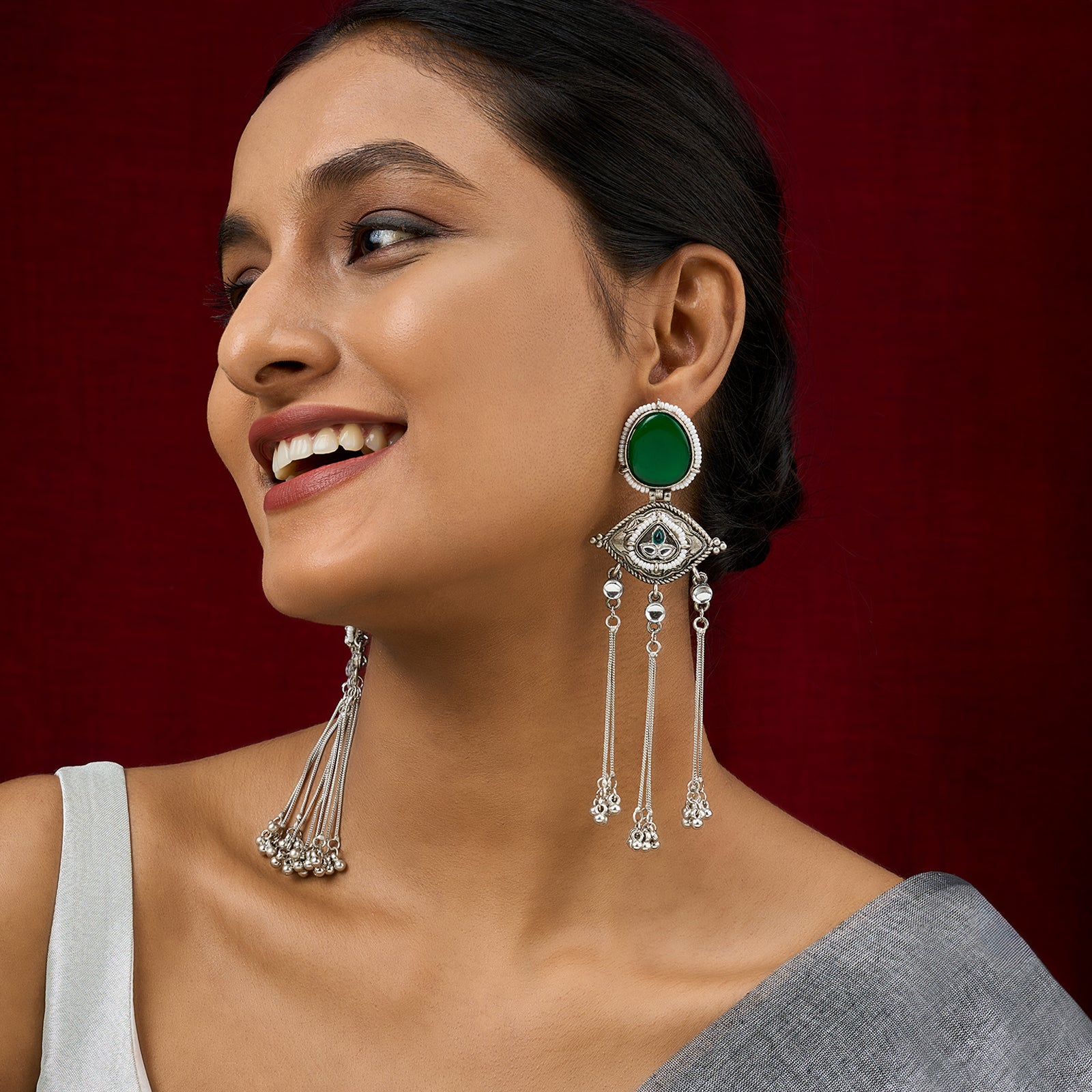 Teejh Kanira Green Silver Dangler Earrings