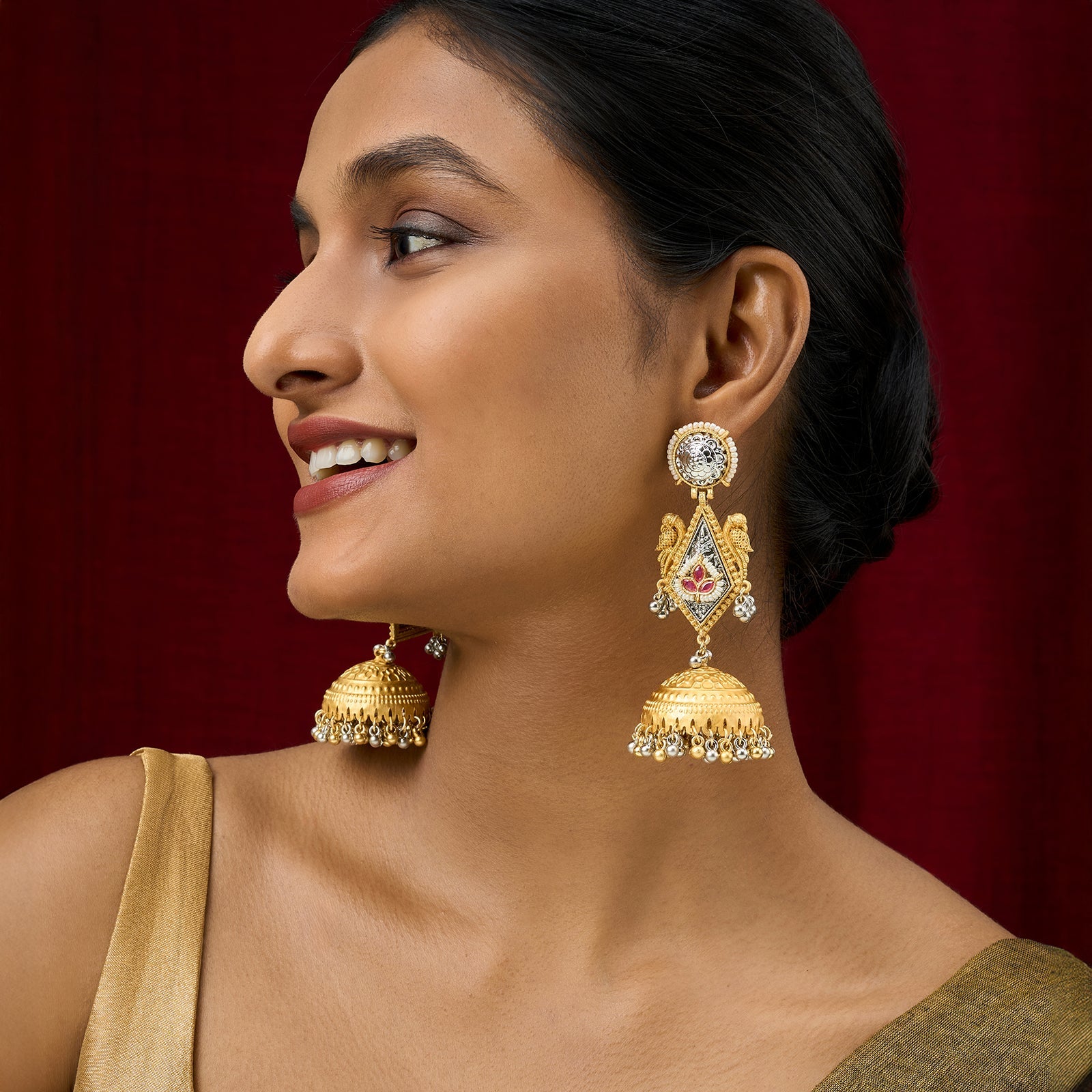 Teejh Rupal Dual Tone Red Stone and Ghungroo Jhumka