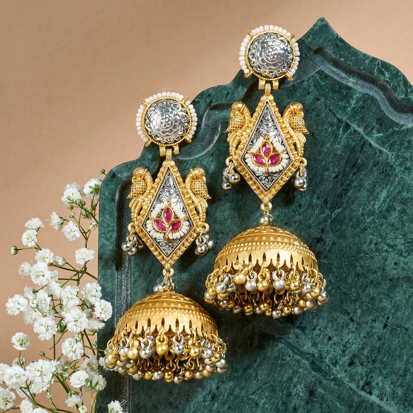 Teejh Rupal Dual Tone Red Stone and Ghungroo Jhumka