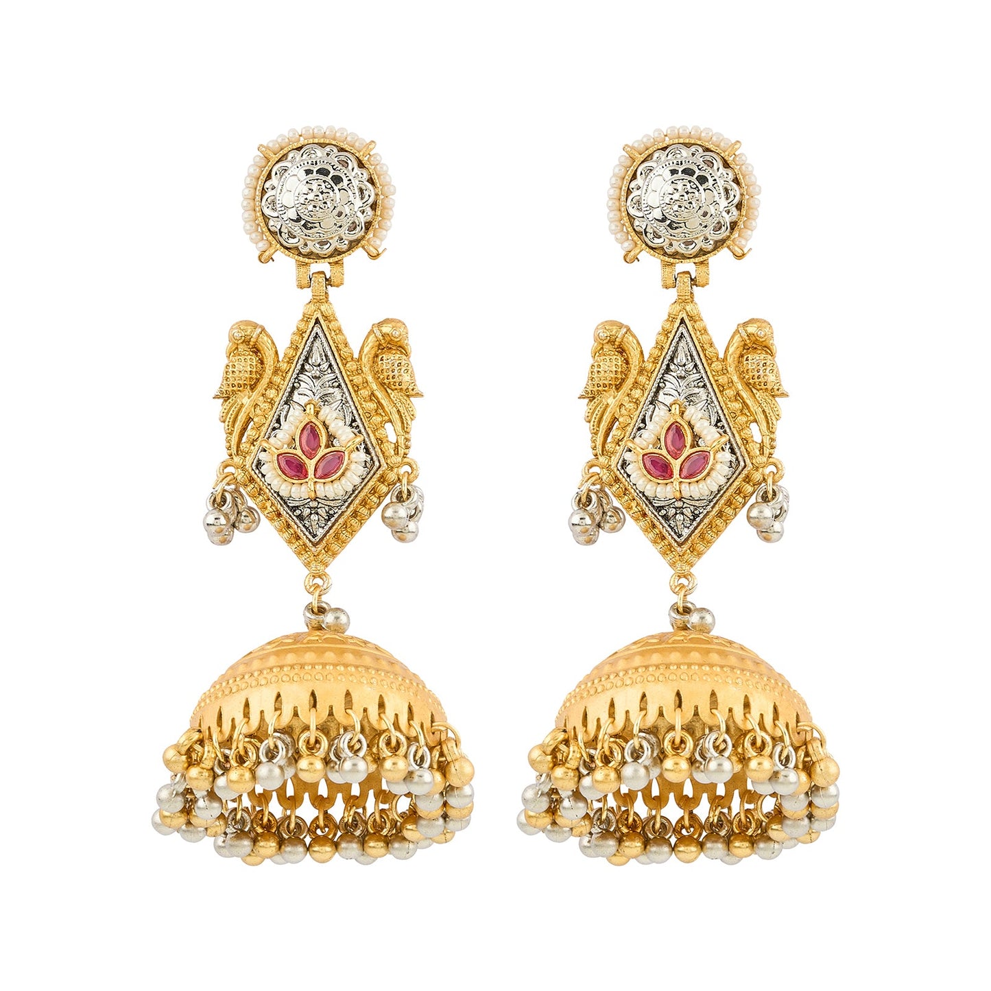 Teejh Rupal Dual Tone Red Stone and Ghungroo Jhumka