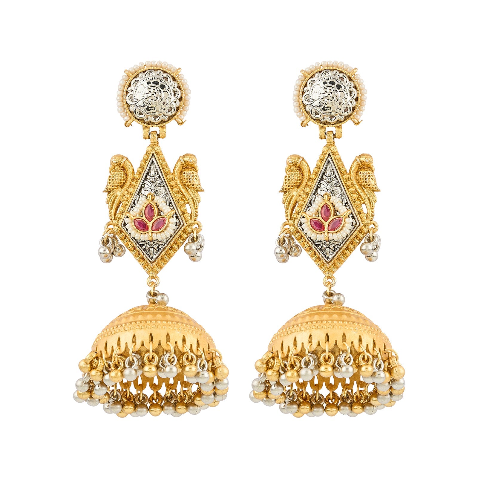 Teejh Rupal Dual Tone Red Stone and Ghungroo Jhumka