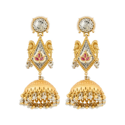 Teejh Rupal Dual Tone Red Stone and Ghungroo Jhumka