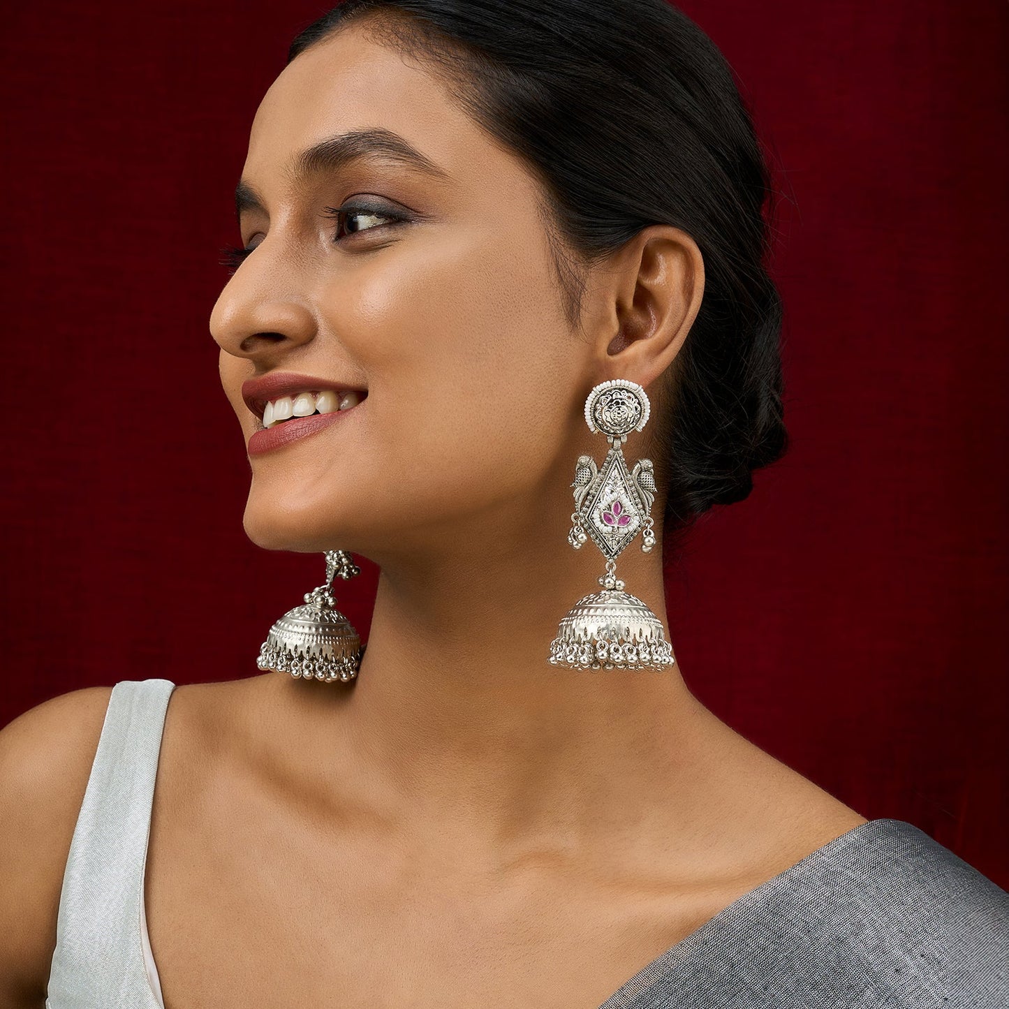 Teejh Rupal Silver Oxidised Red Stone and Ghungroo Jhumka