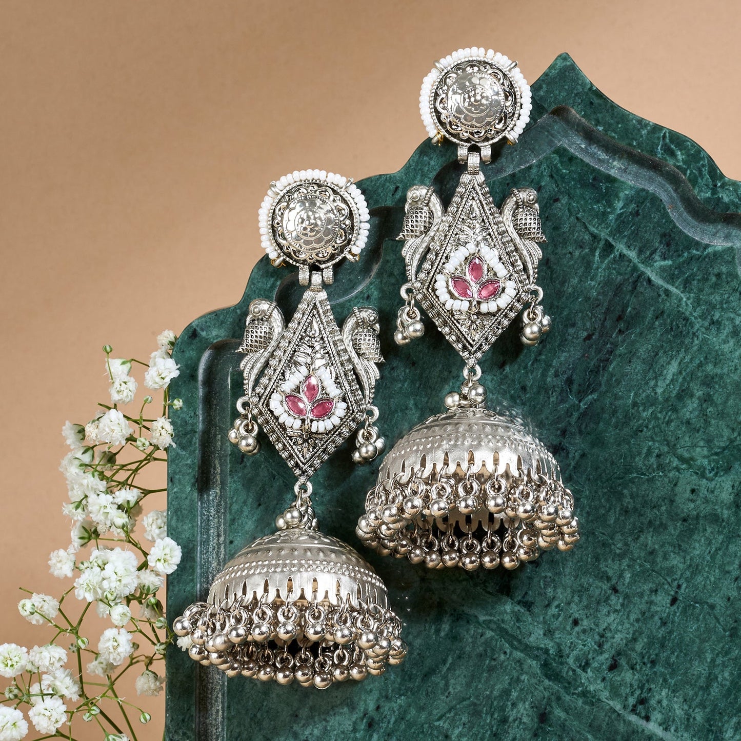 Teejh Rupal Silver Oxidised Red Stone and Ghungroo Jhumka