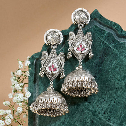 Teejh Rupal Silver Oxidised Red Stone and Ghungroo Jhumka