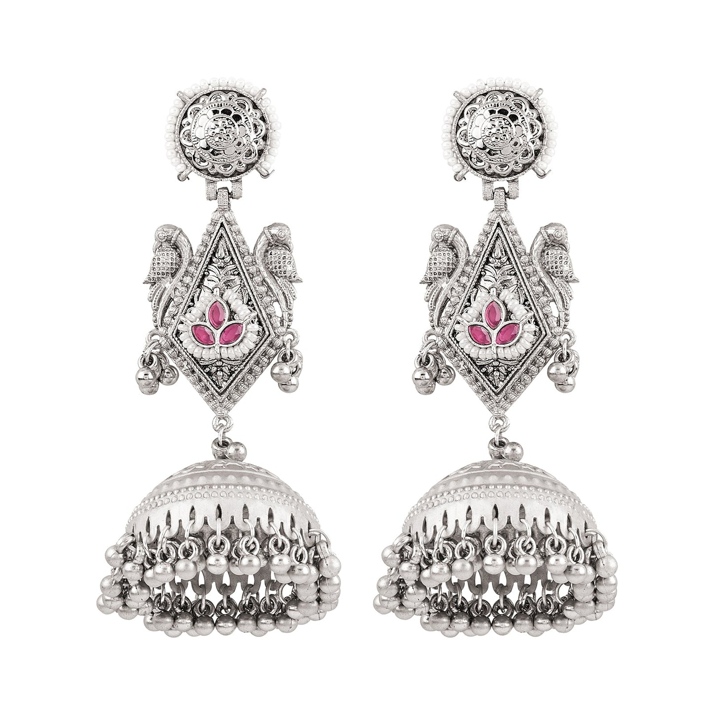 Teejh Rupal Silver Oxidised Red Stone and Ghungroo Jhumka
