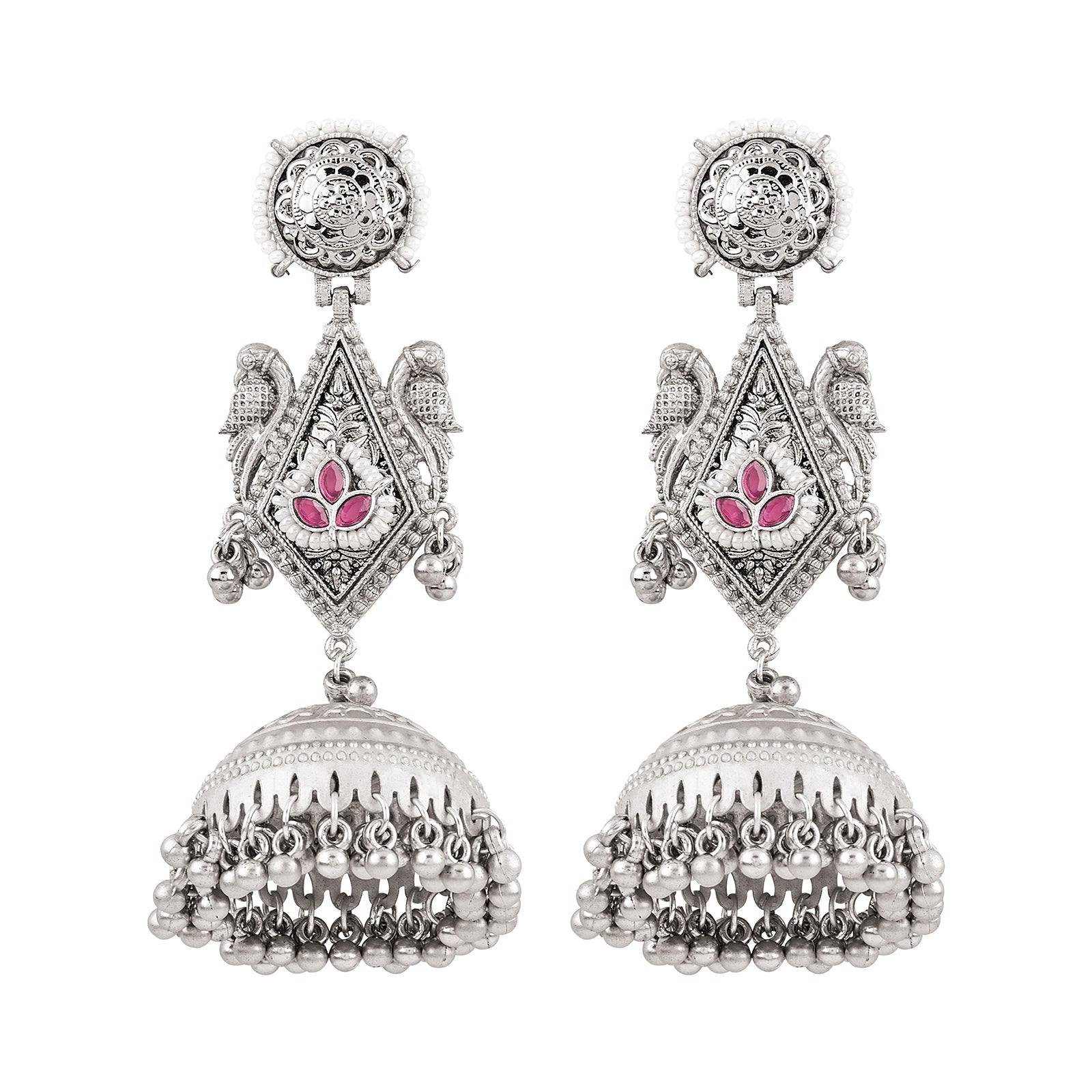 Teejh Rupal Silver Oxidised Red Stone and Ghungroo Jhumka