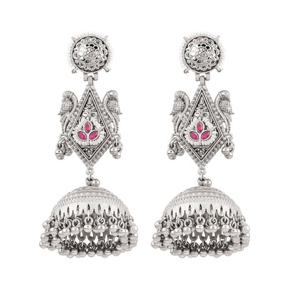 Teejh Rupal Silver Oxidised Red Stone and Ghungroo Jhumka