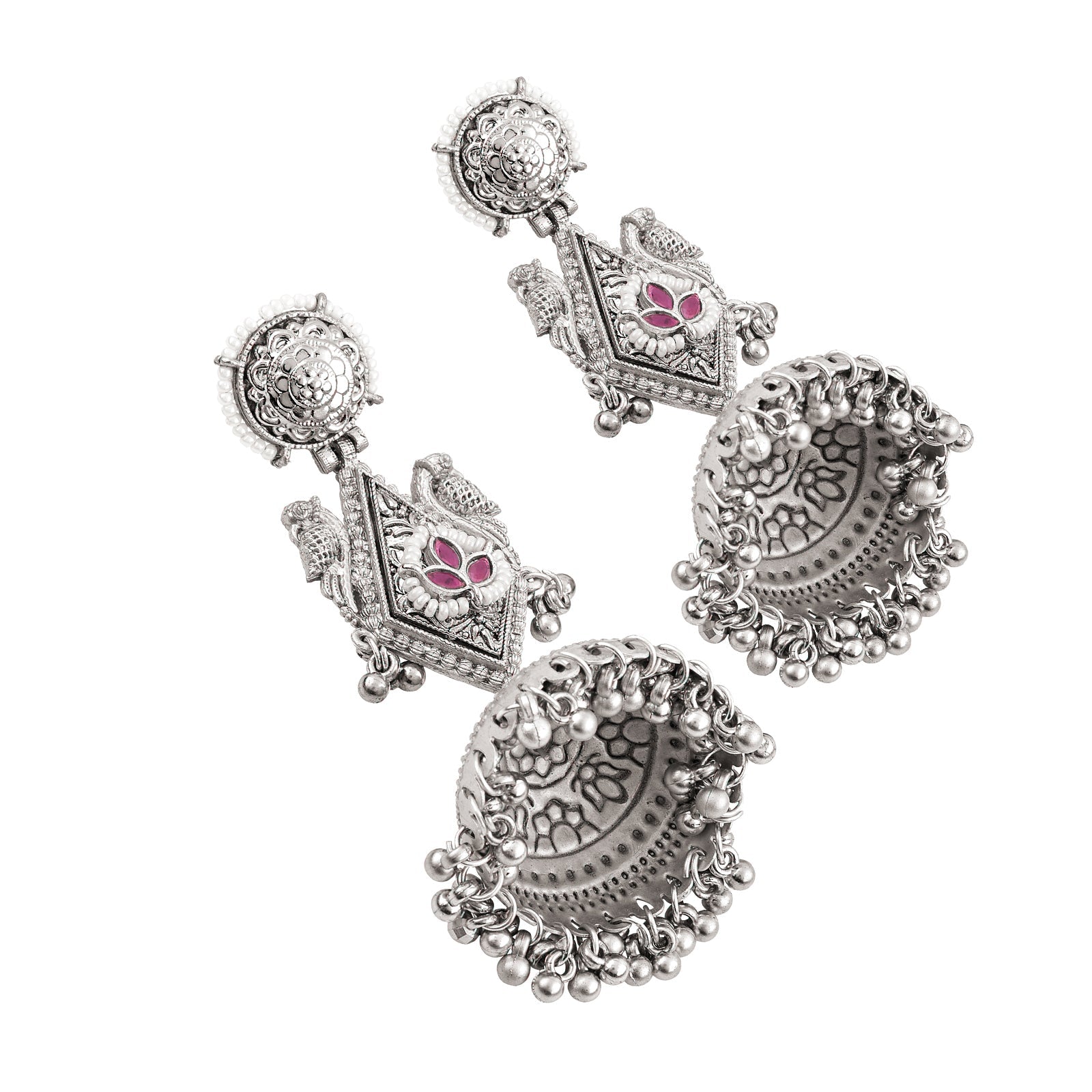 Teejh Rupal Silver Oxidised Red Stone and Ghungroo Jhumka