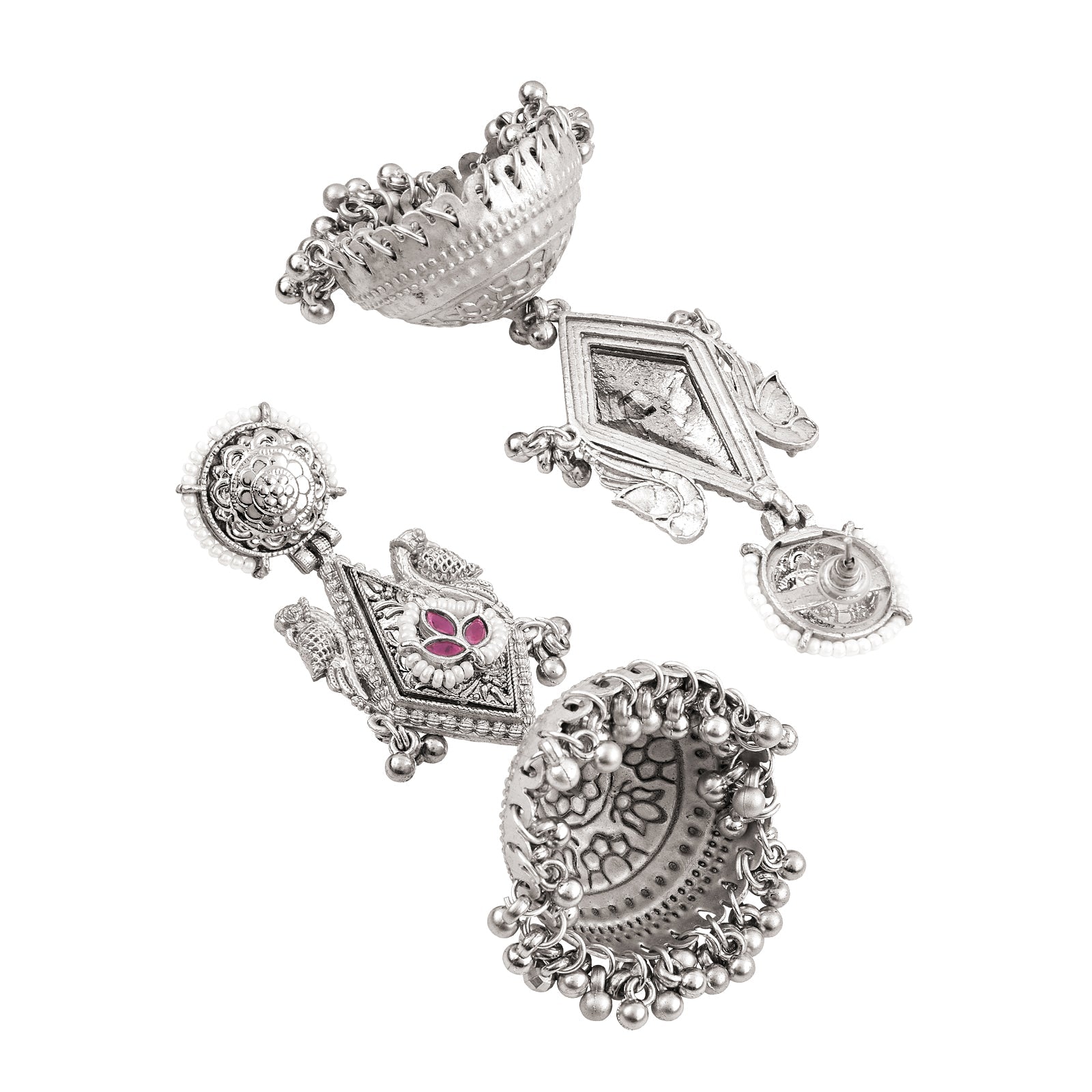 Teejh Rupal Silver Oxidised Red Stone and Ghungroo Jhumka