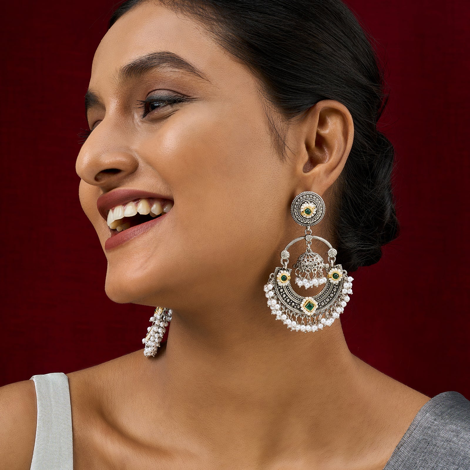 Teejh Dharal Green Stone Silver Chandbali